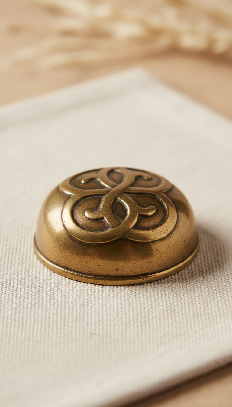 Antique brass paperweight with embossed logo