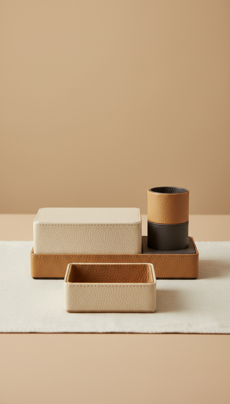 Vegan leather desk organizer tray with stitched edges